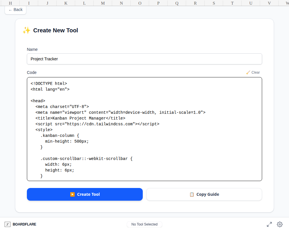 Tool Creation Screen