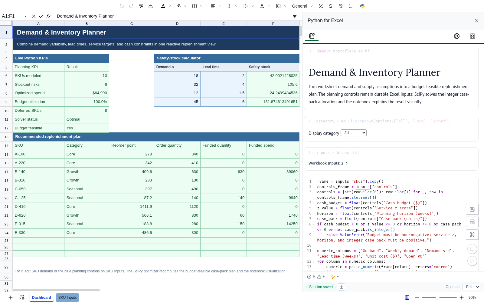 Demand and Inventory Planner in Boardflare Edit mode, with the Excel workbook beside the editable Python notebook and Boardflare save/open controls