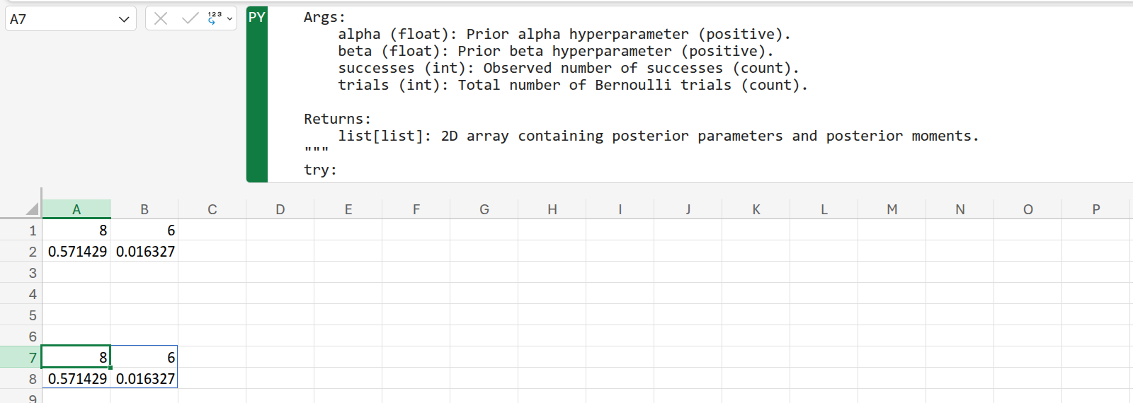 Real Microsoft Excel capture showing a native PY formula editing surface above worksheet results