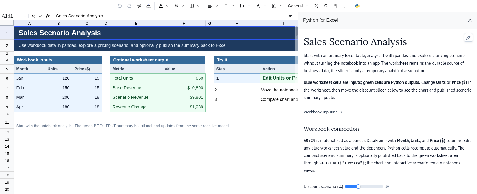 Boardflare sales scenario workbook reopened in App mode, with populated worksheet inputs and outputs beside notebook instructions and the live discount control