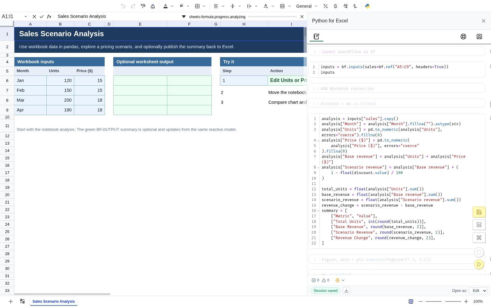 Boardflare Python for Excel in Edit mode, with a sales worksheet on the left and the live Python notebook editor on the right